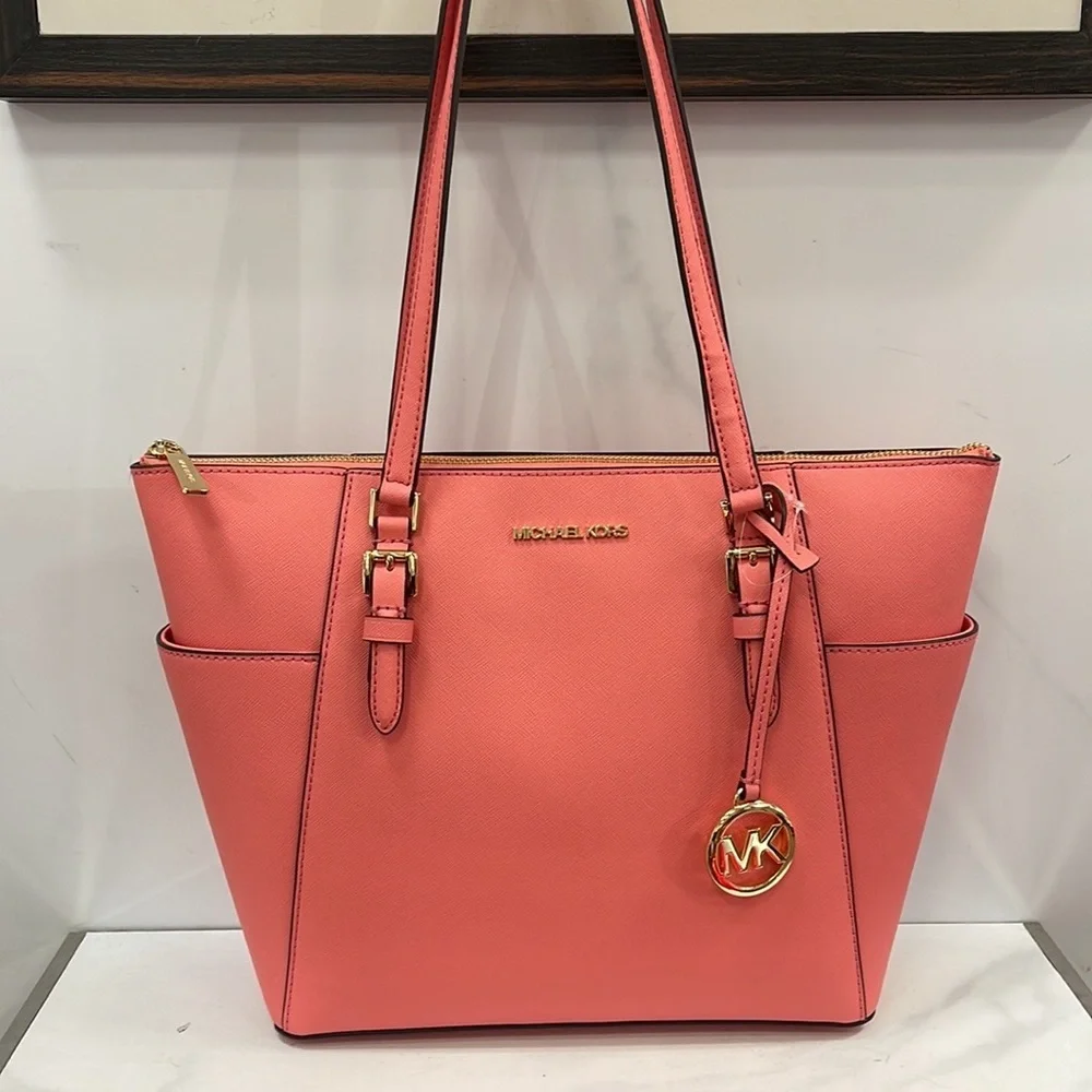 MICHAEL KORS Charlotte Large Leather Top-Zip Tote Tea Rose